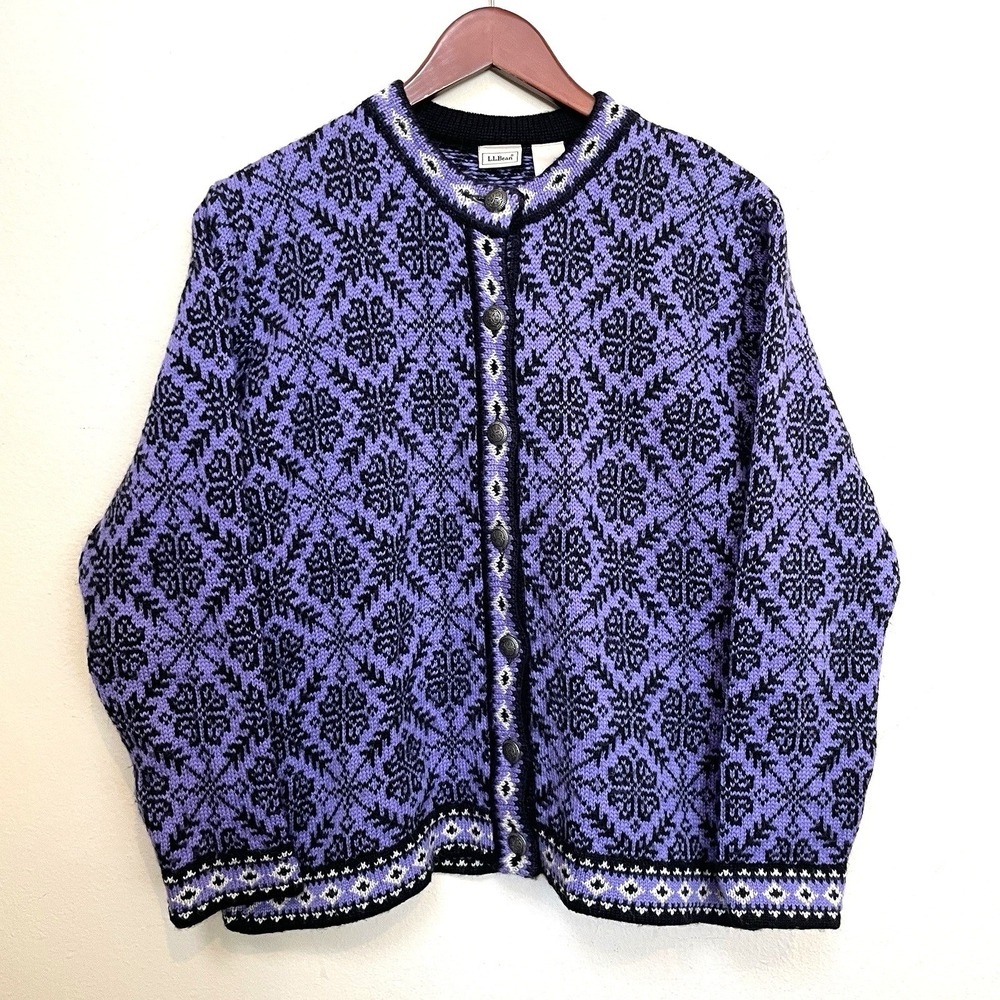 LL Bean Womens Purple Nordic Fair Isle Merino Wool Cardigan Sweater Medium